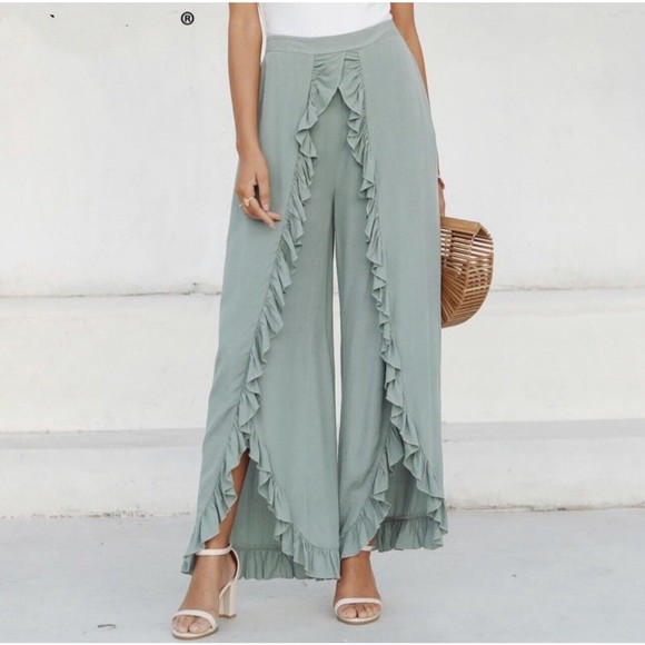 Double Slit Hem Ruffle Trim Wide Leg Pants Sz Small Green Sage Mint Open Tulip S - Picture 3 of 8
